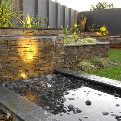 Inspiration for a mid-sized contemporary backyard water fountain landscape in Melbourne.