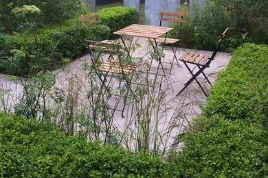 Ispirazione per un giardino formale design esposto a mezz'ombra di medie dimensioni e dietro casa in estate con pavimentazioni in cemento