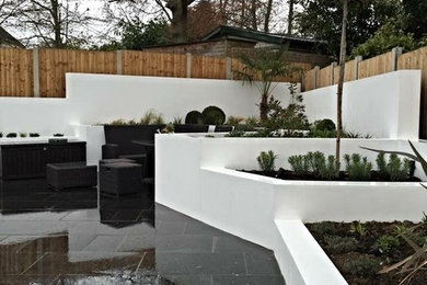 Photo of a medium sized contemporary back formal full sun garden for summer in Essex with natural stone paving.