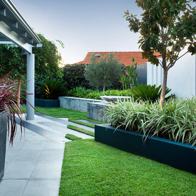 This is an example of a mid-sized contemporary backyard retaining wall landscape in Perth.