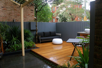 Exemple d'un petit jardin sur cour tendance avec une terrasse en bois.