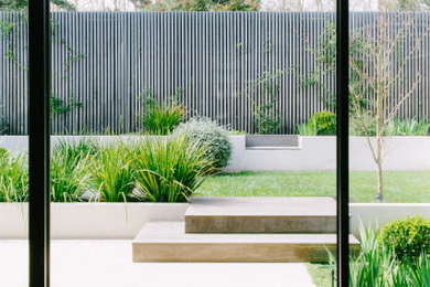 Imagen de jardín moderno grande en patio trasero con privacidad, exposición total al sol y adoquines de hormigón