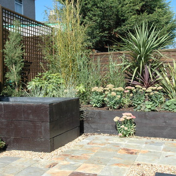 Raised railway sleeper water feature and beds