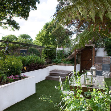 Rendered raised beds, wire gabion wall in shady garden