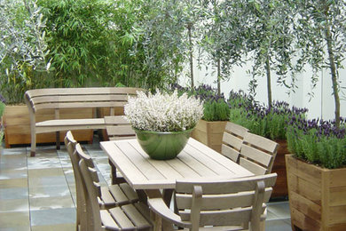 Small contemporary courtyard partial sun garden for summer in London with a potted garden and natural stone paving.