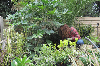 Réalisation d'un jardin à la française arrière vintage de taille moyenne avec une exposition ombragée et des pavés en pierre naturelle.