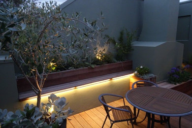 メルボルンにある小さなコンテンポラリースタイルのおしゃれな屋上庭園 (コンテナガーデン、半日向、デッキ材舗装) の写真