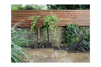Cette photo montre un petit jardin arrière tendance l'été avec un mur de soutènement, une exposition partiellement ombragée et des pavés en pierre naturelle.