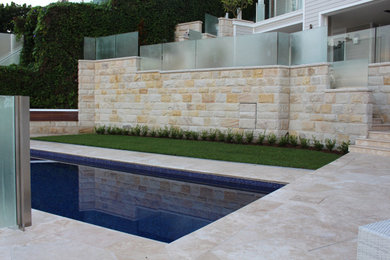 Imagen de jardín minimalista de tamaño medio en patio trasero con adoquines de piedra natural