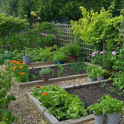 Inspiration for a farmhouse full sun backyard gravel vegetable garden landscape in London.