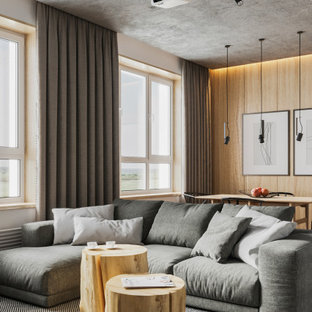 Modelo de salón abierto y madera, actual, de tamaño medio, madera, con paredes blancas y madera