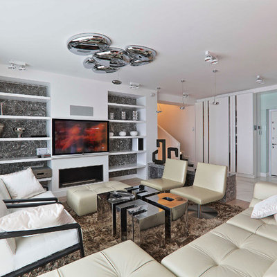 Example of a large trendy formal and open concept medium tone wood floor living room design in Moscow with white walls, a ribbon fireplace, a plaster fireplace and a wall-mounted tv