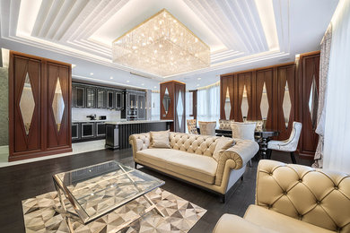 Design ideas for a large contemporary formal open plan living room in Moscow with dark hardwood flooring.
