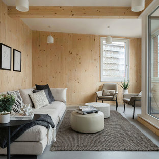 Inspiration for a small scandinavian enclosed living room in London with brown walls, lino flooring and grey floors.