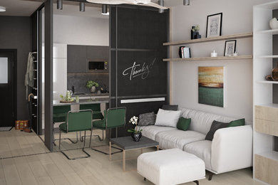 Ejemplo de sala de estar abierta escandinava pequeña con paredes blancas, suelo de linóleo y televisor independiente