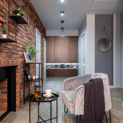 Living room - mid-sized contemporary open concept porcelain tile and gray floor living room idea in Moscow with gray walls, a ribbon fireplace, a metal fireplace and a wall-mounted tv