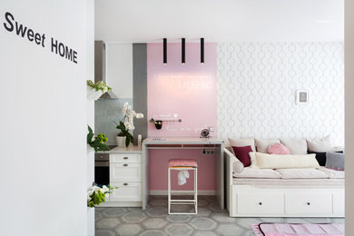 Esempio di un piccolo soggiorno scandinavo aperto con angolo bar, pareti bianche, pavimento con piastrelle in ceramica e TV a parete