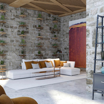 Дизайн интерьера гостиной в сером цвете с вертикальным садом
