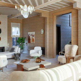 Foto di un soggiorno country con camino lineare Ribbon, cornice del camino in intonaco, soffitto a cassettoni e pareti in legno