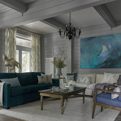 Country formal dark wood floor and gray floor living room photo in Moscow with gray walls