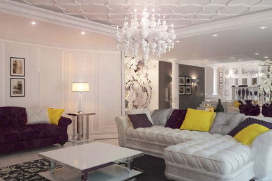 ニースにある高級な広いトランジショナルスタイルのおしゃれなLDK (白い壁、大理石の床、標準型暖炉、レンガの暖炉まわり、壁掛け型テレビ、白い床) の写真