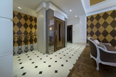 Свежая идея для дизайна: большая гостиная комната в стиле неоклассика (современная классика) - отличное фото интерьера