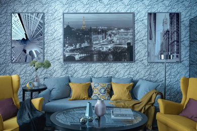 На фото: гостиная комната:: освещение в современном стиле с серыми стенами