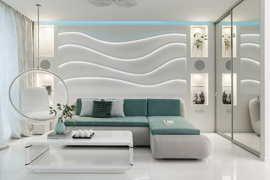 Свежая идея для дизайна: маленькая открытая, объединенная гостиная комната в современном стиле с белыми стенами, полом из керамогранита, скрытым телевизором и белым полом для на участке и в саду - отличное фото интерьера