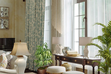 Свежая идея для дизайна: гостиная комната в стиле кантри с тюлем на окнах - отличное фото интерьера