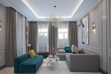 Пример оригинального дизайна: большая изолированная гостиная комната в стиле неоклассика (современная классика) с бежевыми стенами