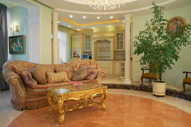 На фото: открытая, объединенная гостиная комната в стиле неоклассика (современная классика) с мраморным полом с