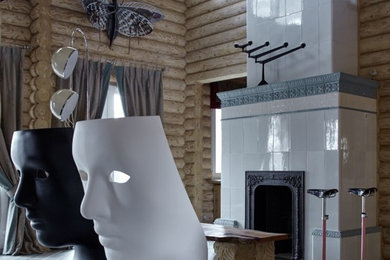 На фото: гостиная комната в современном стиле с тюлем на окнах с