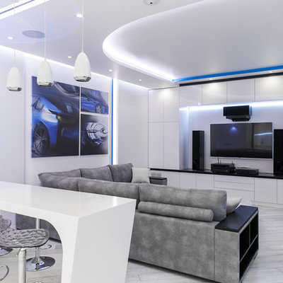 Inspiration for a large contemporary formal and open concept light wood floor and gray floor living room remodel in Moscow with white walls and a wall-mounted tv
