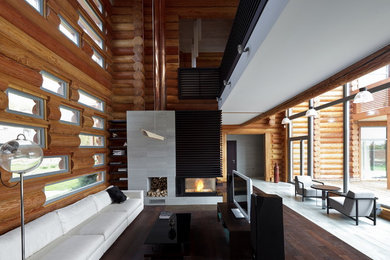 Идея дизайна: гостиная комната в современном стиле с коричневыми стенами