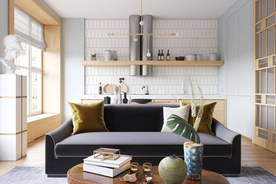 Ejemplo de salón abierto contemporáneo de tamaño medio sin chimenea con paredes azules, suelo de madera en tonos medios, televisor colgado en la pared y suelo beige