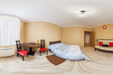 На фото: гостиная комната среднего размера в современном стиле с белым полом