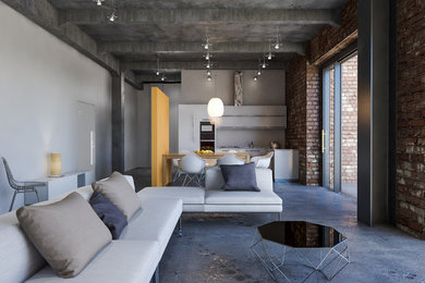 Свежая идея для дизайна: двухуровневая гостиная комната в стиле лофт с бетонным полом - отличное фото интерьера