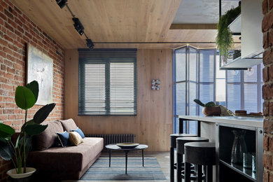 Свежая идея для дизайна: маленькая открытая гостиная комната в стиле лофт с домашним баром, красными стенами, многоуровневым потолком и кирпичными стенами без камина, телевизора для на участке и в саду - отличное фото интерьера