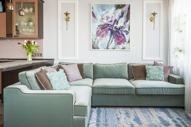 Foto de salón para visitas abierto clásico renovado pequeño con paredes blancas, moqueta y suelo azul