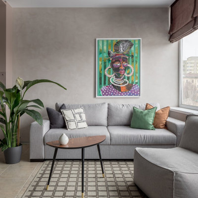 Example of a small trendy open concept porcelain tile and beige floor living room design in Other with gray walls