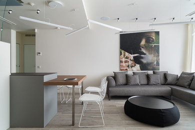Стильный дизайн: парадная, открытая гостиная комната в скандинавском стиле с белыми стенами и паркетным полом среднего тона - последний тренд