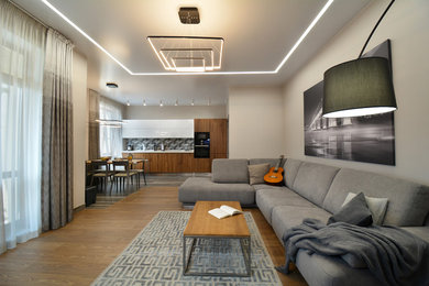 Modelo de salón abierto contemporáneo grande con paredes grises, suelo de madera en tonos medios, televisor colgado en la pared y suelo marrón