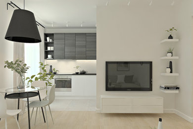 他の地域にある低価格の小さな北欧スタイルのおしゃれなLDK (白い壁、ラミネートの床、壁掛け型テレビ、ベージュの床) の写真