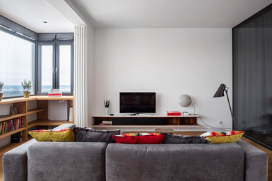 Foto de salón contemporáneo pequeño con paredes blancas, suelo de madera en tonos medios, suelo beige y televisor independiente