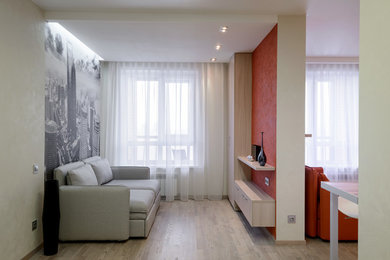 Идея дизайна: открытая гостиная комната в современном стиле с разноцветными стенами, светлым паркетным полом и телевизором на стене