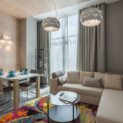 Inspiration for a mid-sized contemporary open concept light wood floor and gray floor living room remodel in Other with gray walls and a wall-mounted tv