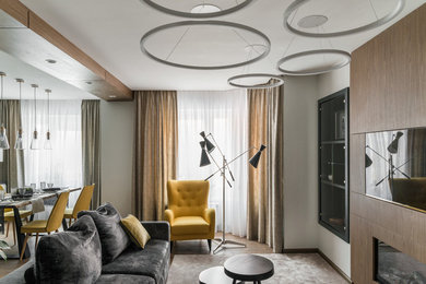 Источник вдохновения для домашнего уюта: открытая гостиная комната в современном стиле с белыми стенами, паркетным полом среднего тона, горизонтальным камином и телевизором на стене