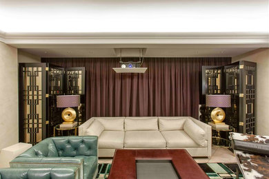 Свежая идея для дизайна: большая изолированная гостиная комната с скрытым телевизором - отличное фото интерьера