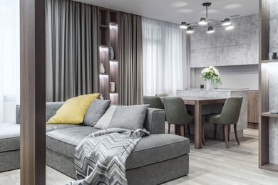 Идея дизайна: гостиная комната в современном стиле с серыми стенами, полом из винила и телевизором на стене
