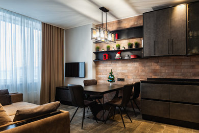 Идея дизайна: маленькая изолированная, объединенная гостиная комната в стиле лофт с серыми стенами, полом из керамогранита, телевизором на стене и коричневым полом для на участке и в саду